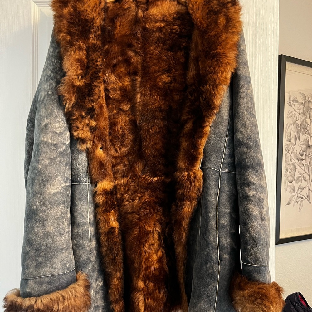 Tryst New York Genuine Shearling Sheepskin Fur Leather Coat Brown Blue